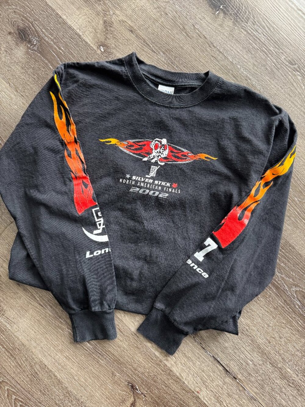 Vintage 2002 Hockey Graphic Tee | Black Long Sleeve Flames Skater Shirt S